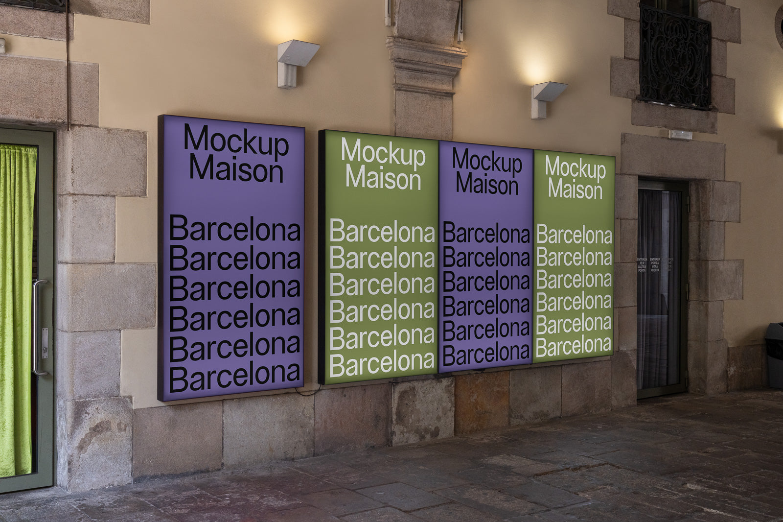 PSD mockup of three wall-mounted posters displaying "Mockup Maison" and repeated "Barcelona" text, with two purple backgrounds and one green background.