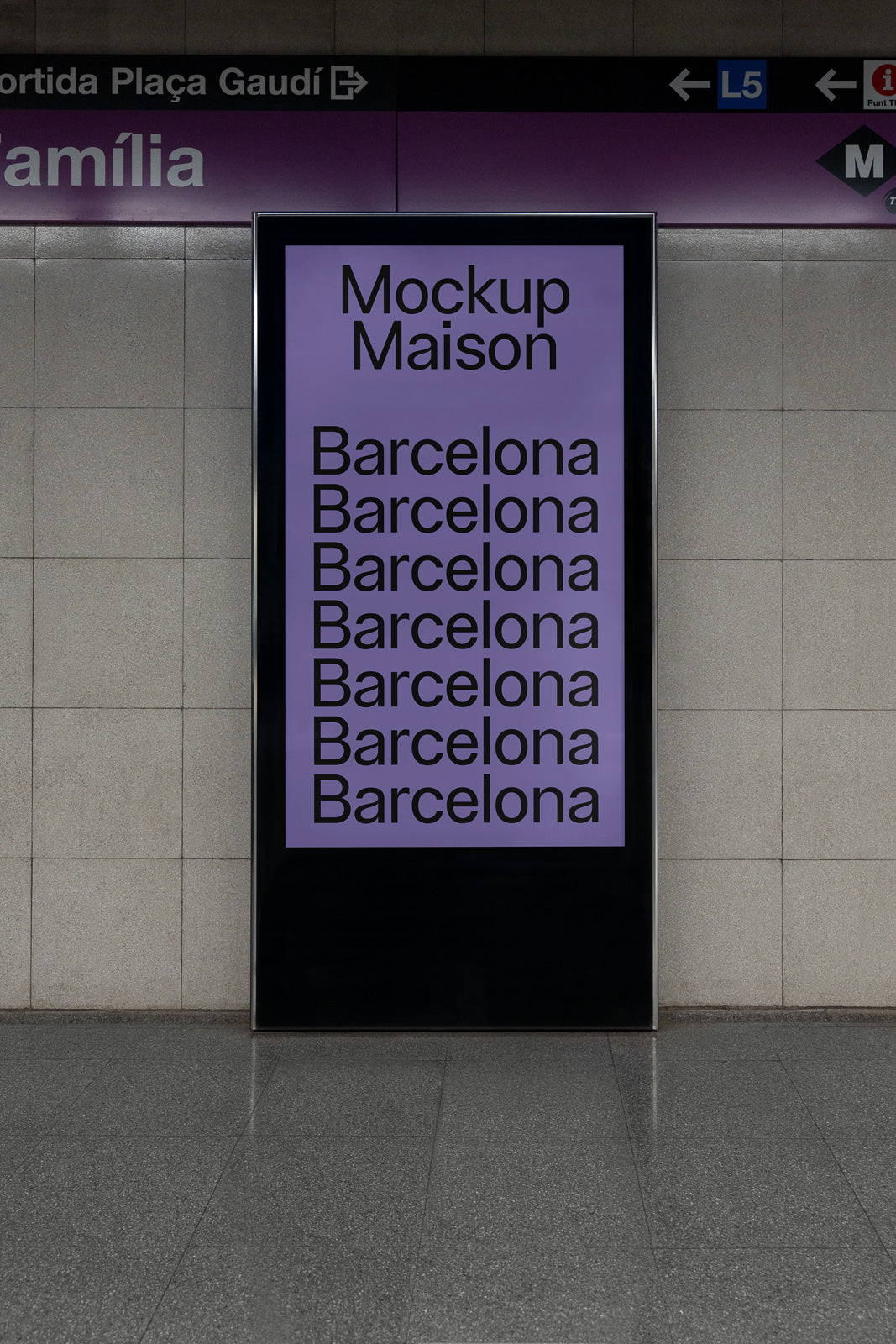 PSD mockup of a vertical advertisement display in a subway setting with the text "Mockup Maison" and multiple instances of "Barcelona" on a purple background.