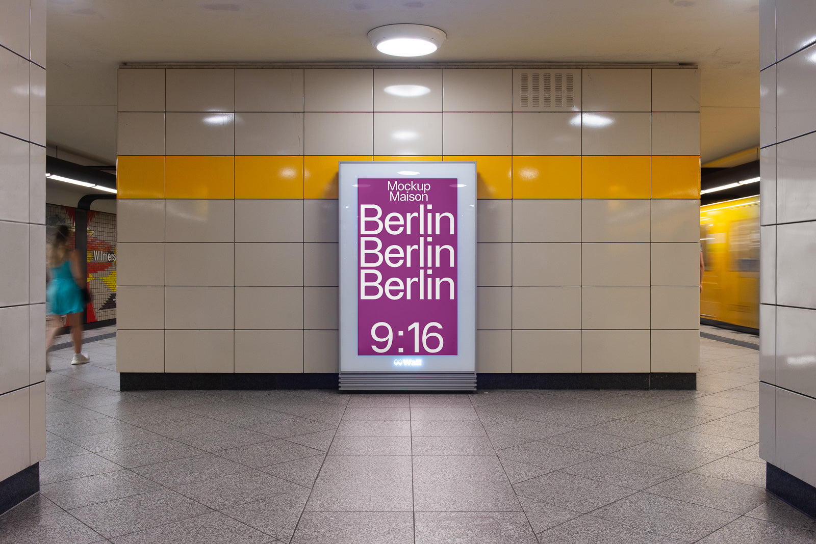 PSD mockup of a subway station advertising billboard with "Berlin" text in large white letters on a vibrant purple background, located on a tiled wall.