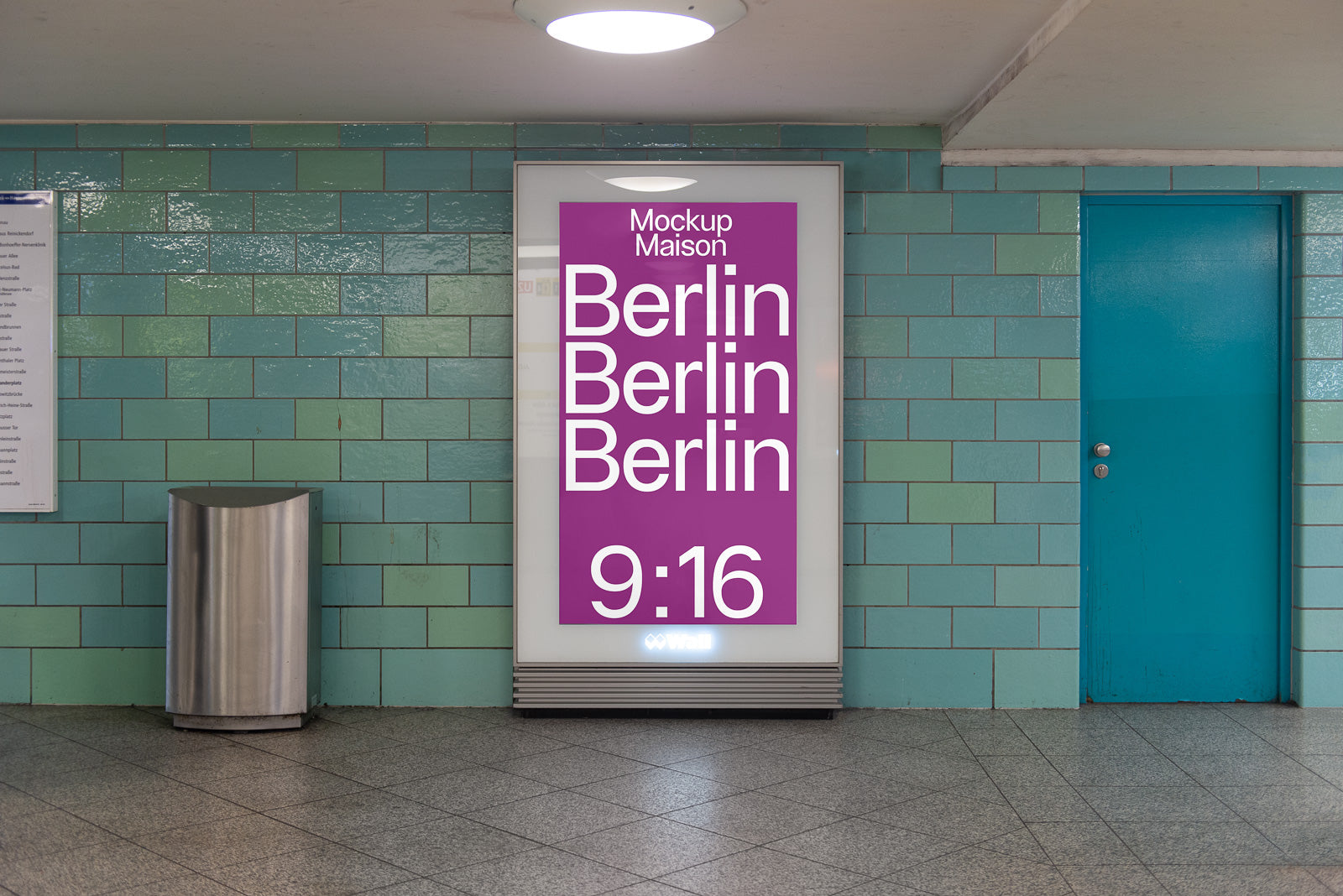 PSD mockup of a subway poster with bold white text "Berlin Berlin Berlin" on a purple background, set against tiled walls under a light.