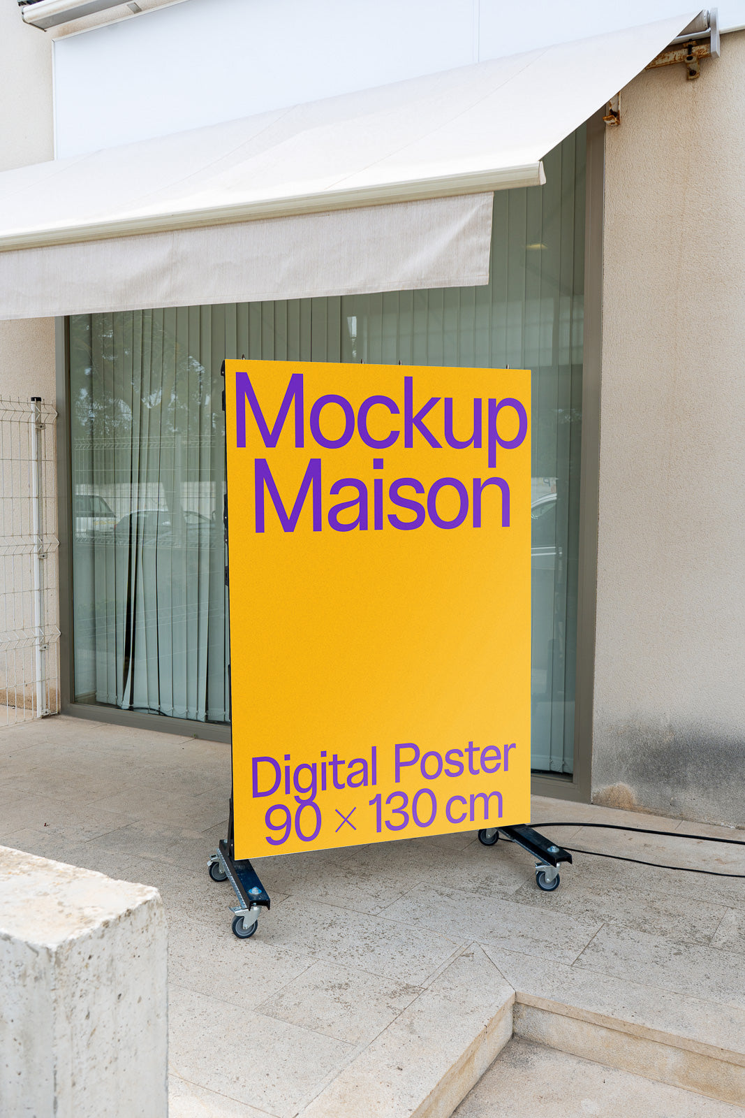 PSD mockup of a large yellow poster on a stand outside a building, displaying "Mockup Maison" and "Digital Poster 90 x 130 cm" in bold purple text.