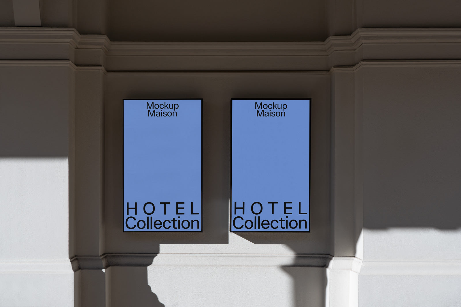 PSD mockup of two vertical hotel signage posters displayed on a wall, reading "Mockup Maison" and "HOTEL Collection" in black text against a blue background.