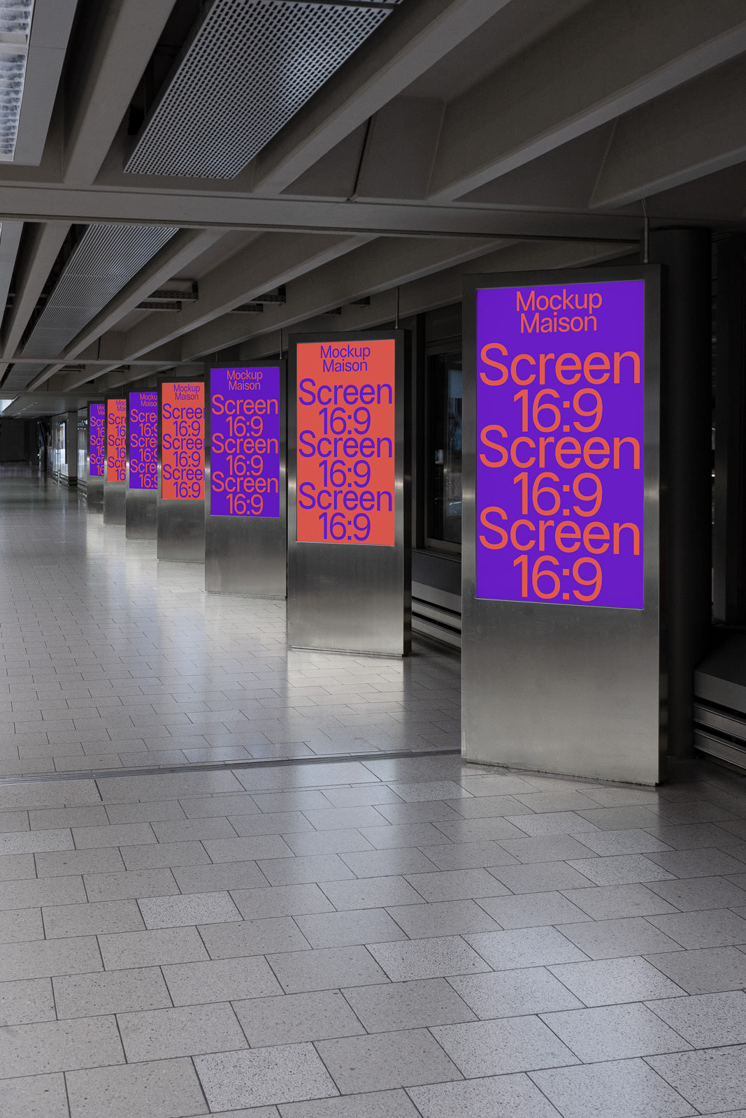 PSD mockup of large digital screens in a corridor displaying "Mockup Maison" with screen ratio 16:9 in vivid colors.