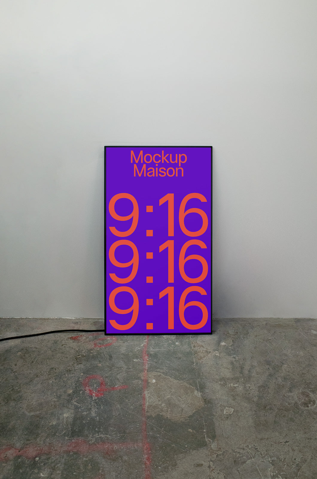 PSD mockup of a purple poster on a gray wall displaying the text "Mockup Maison" and "9:16" in large red font.