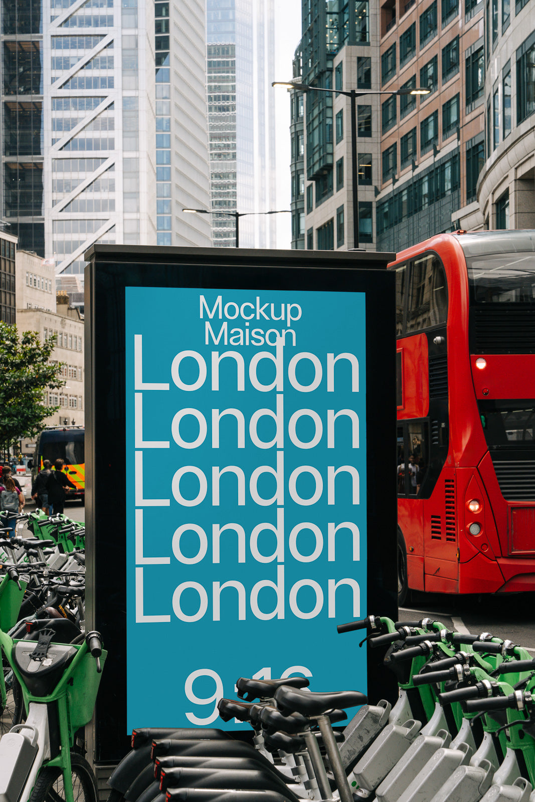 PSD mockup of an urban advertising billboard on a bustling city street with surrounding bicycles and a passing red bus.