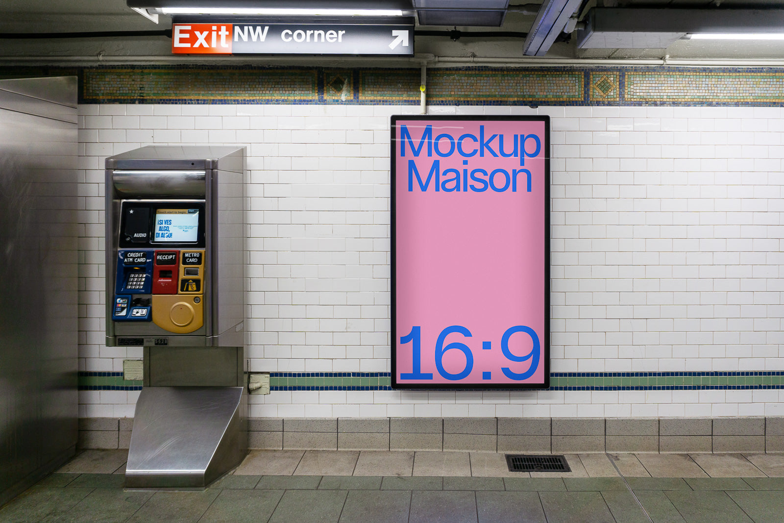 PSD mockup of a vertical subway billboard displaying "Mockup Maison 16:9" in blue text on a pink background, next to a ticket machine.