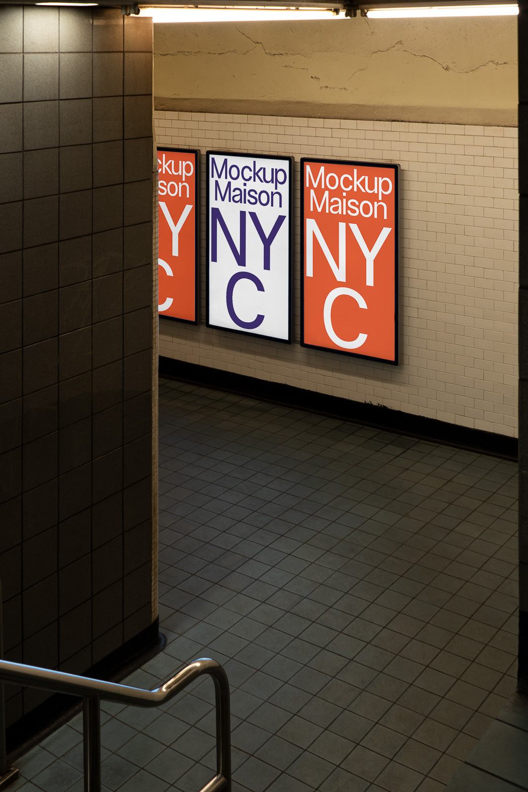 PSD mockup of a subway station hallway featuring three vertical posters on a tiled wall displaying "Mockup Maison NYC" in bold typography.