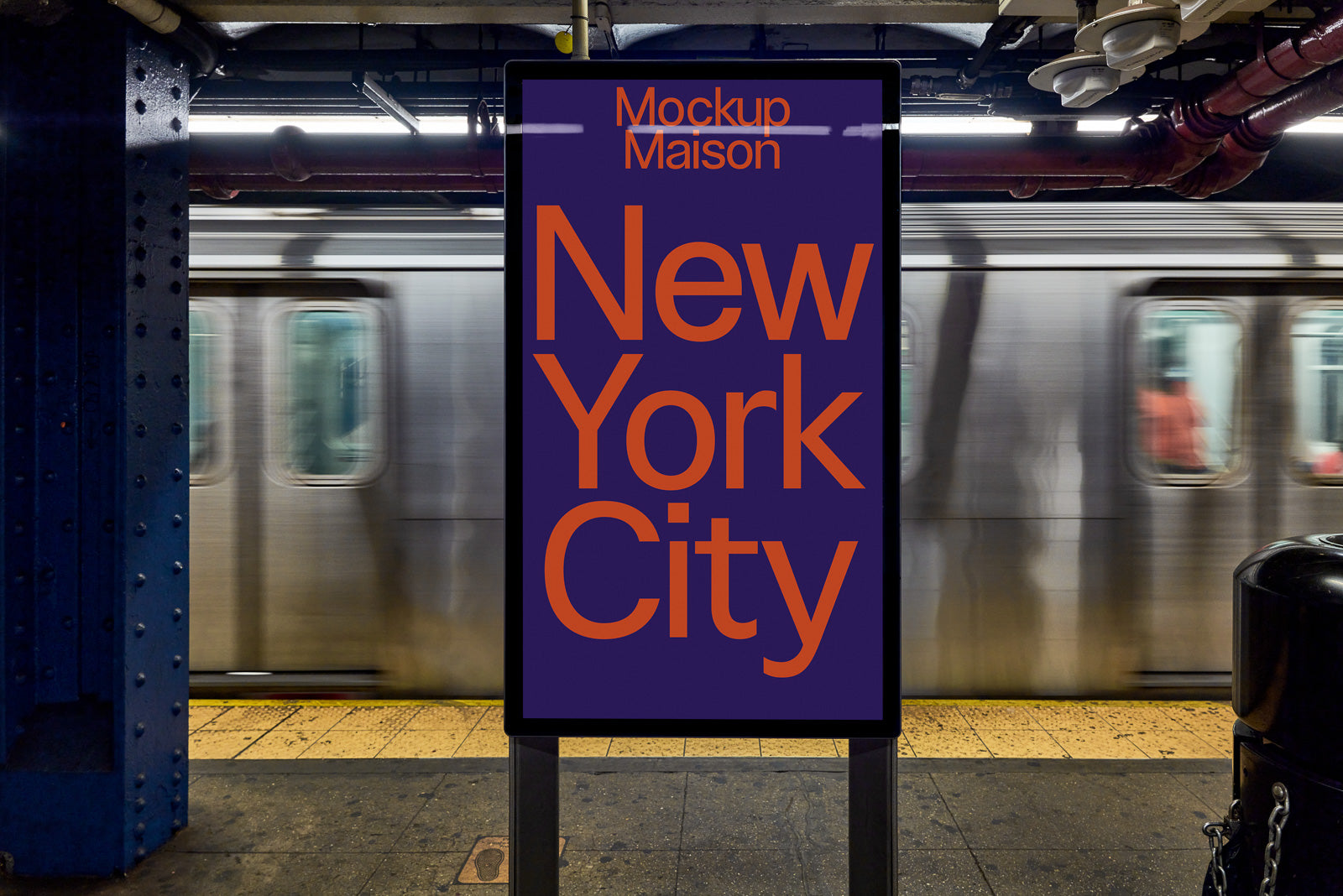 PSD mockup of a subway station advertising billboard with "New York City" text in bright orange against a dark background, subway train blurred in motion.
