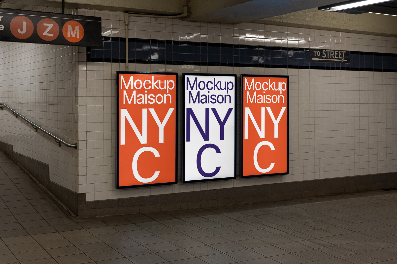 PSD mockup of three vertical subway posters on a tiled wall, displaying "Mockup Maison NYC" in bold letters with a modern design.