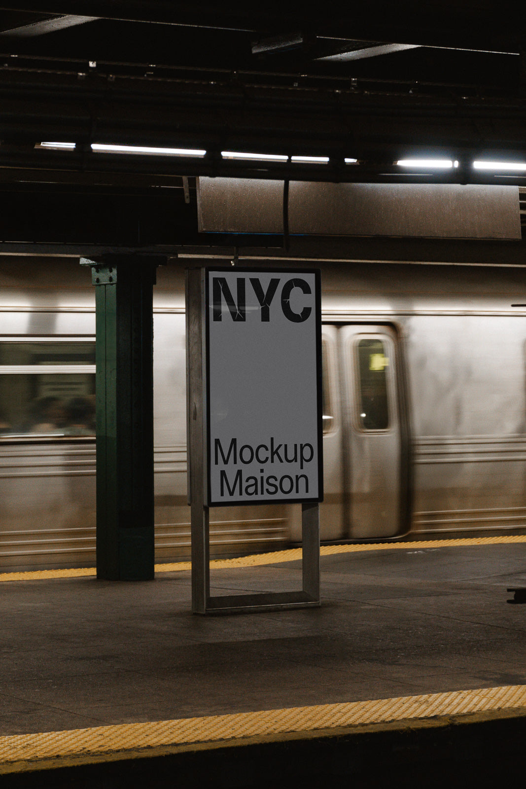 PSD mockup of a subway station platform featuring a vertical sign that reads "NYC Mockup Maison," with a train in motion in the background.