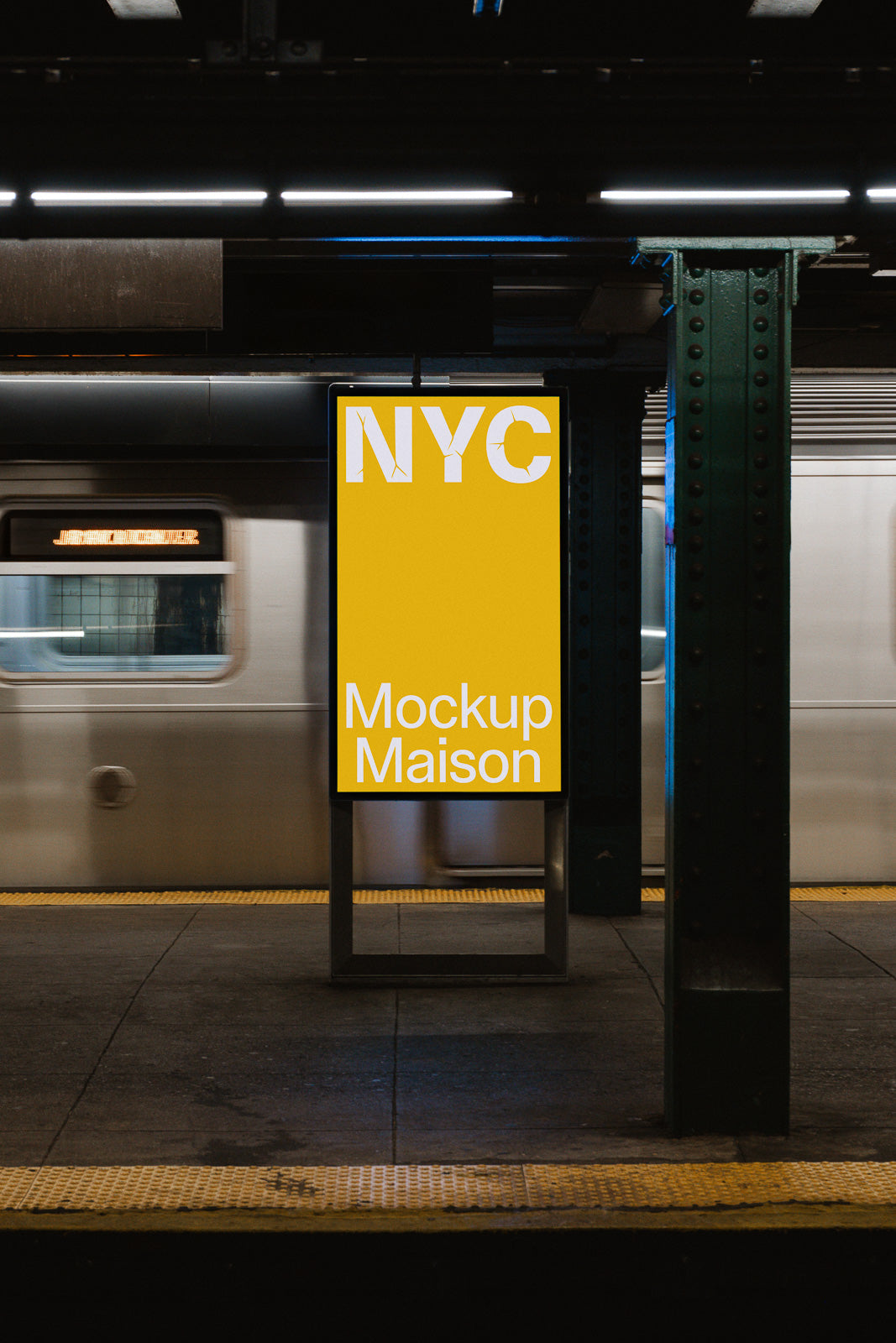 PSD mockup of a subway platform poster displayed under dim lighting, featuring a bold yellow background with text "NYC" and "Mockup Maison."