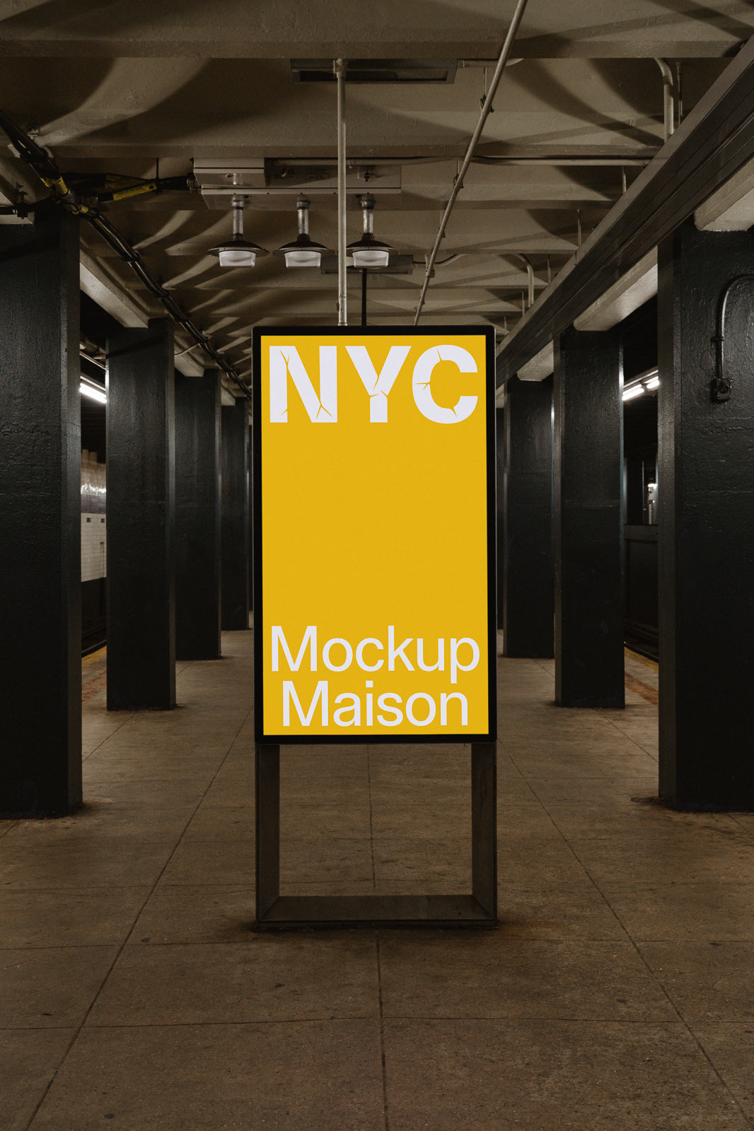 PSD mockup of a vertical rectangular sign displaying "NYC Mockup Maison" in bold white text on a vibrant yellow background, situated in a subway platform setting.