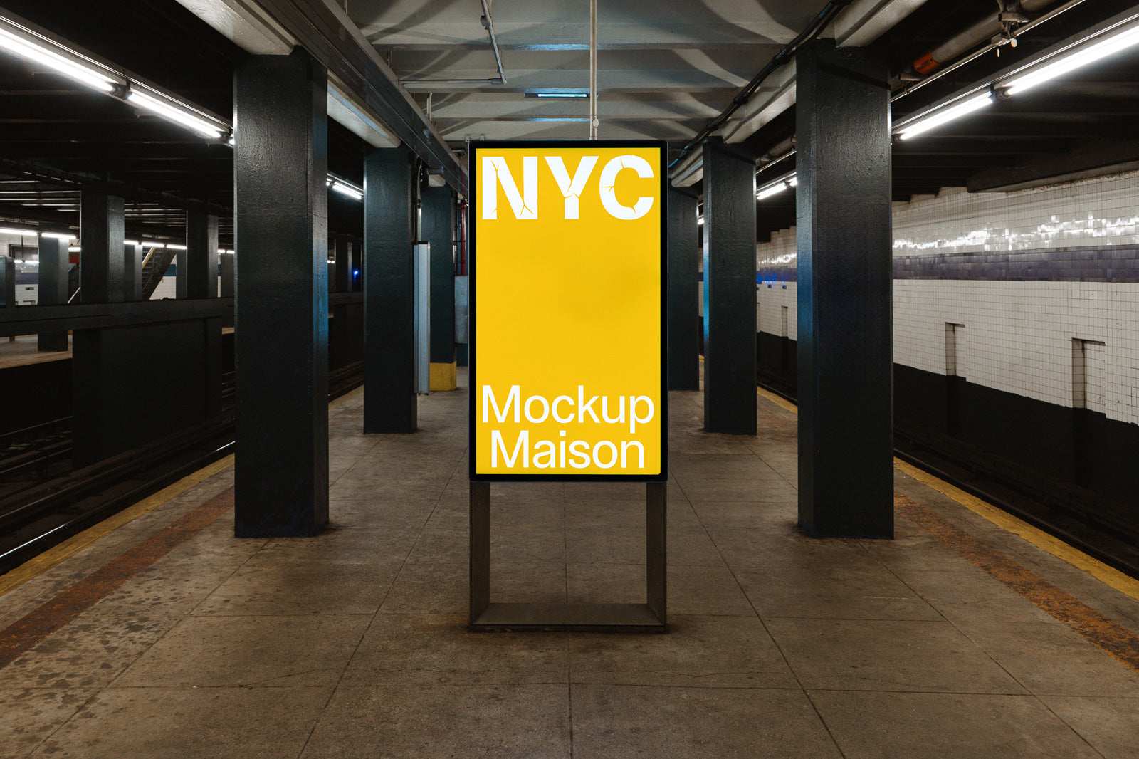 PSD mockup of a yellow advertisement billboard in a subway station setting, featuring bold white text reading "NYC Mockup Maison."
