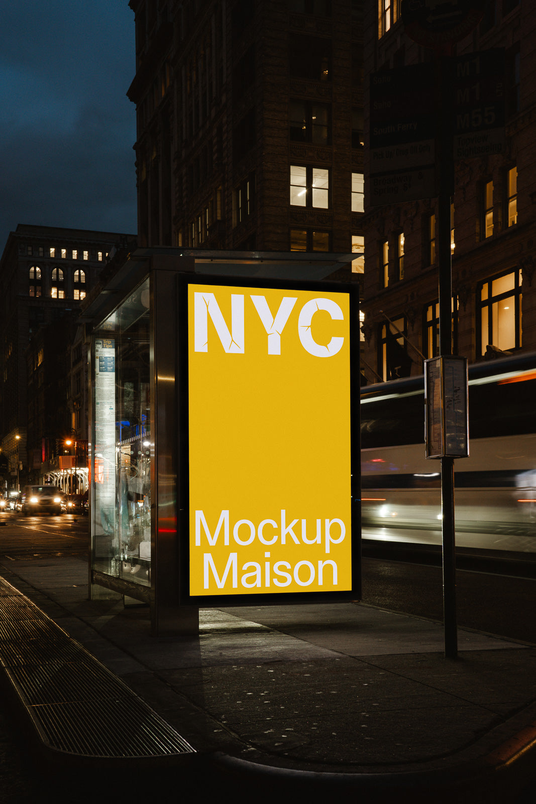 PSD mockup of a bus stop advertisement display with "NYC Mockup Maison" on a bright yellow background, set against a city street at night.