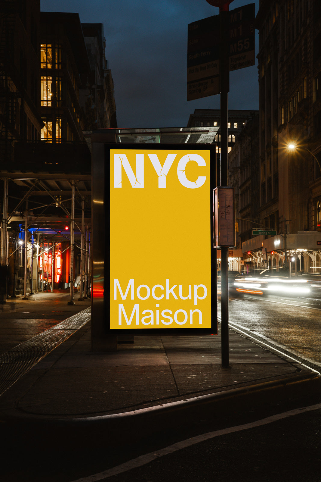 PSD mockup of a street advertising billboard in an urban night setting, displaying "NYC Mockup Maison" in bold white letters on a bright yellow background.