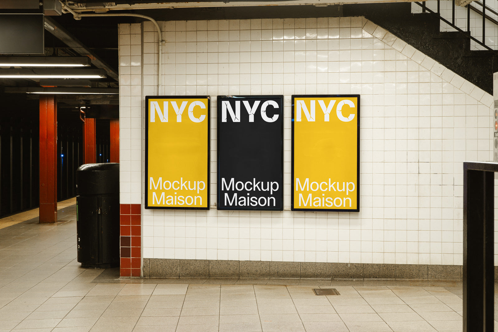 PSD mockup of three subway posters displaying "NYC Mockup Maison" on a tiled station wall, with two yellow designs and one black design.