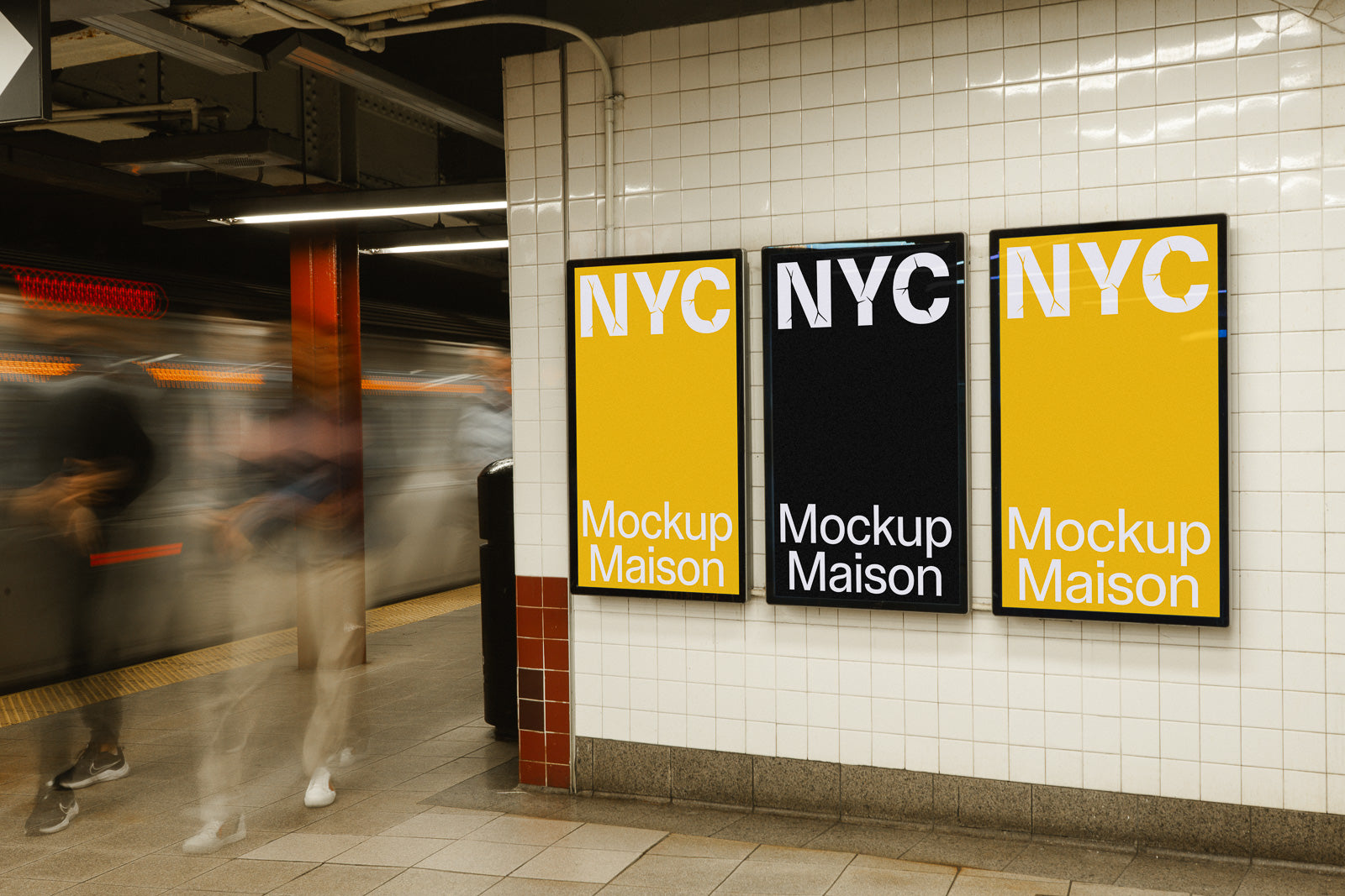 PSD mockup of three posters in a subway station, featuring the text "NYC Mockup Maison" on yellow and black backgrounds, with a blurred train passing by.