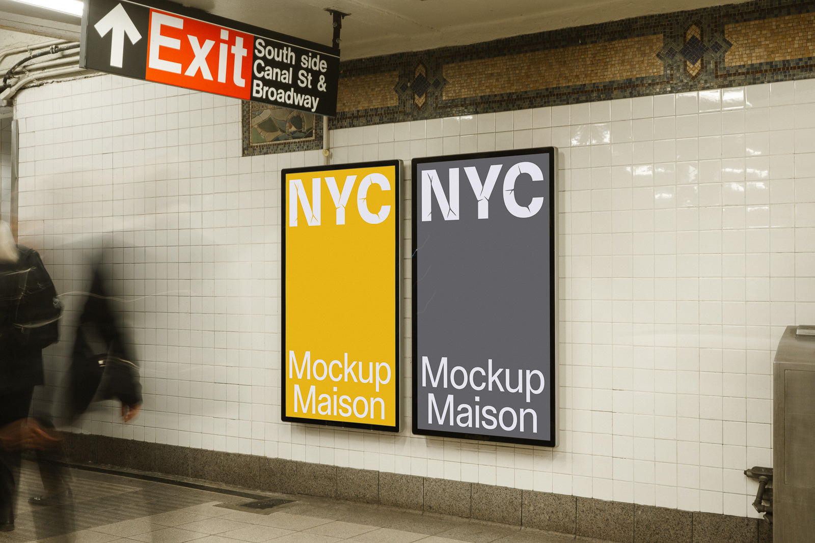 PSD mockup of two advertisement posters in a subway station, one yellow and one gray, with blurred commuters passing by and an exit sign overhead.