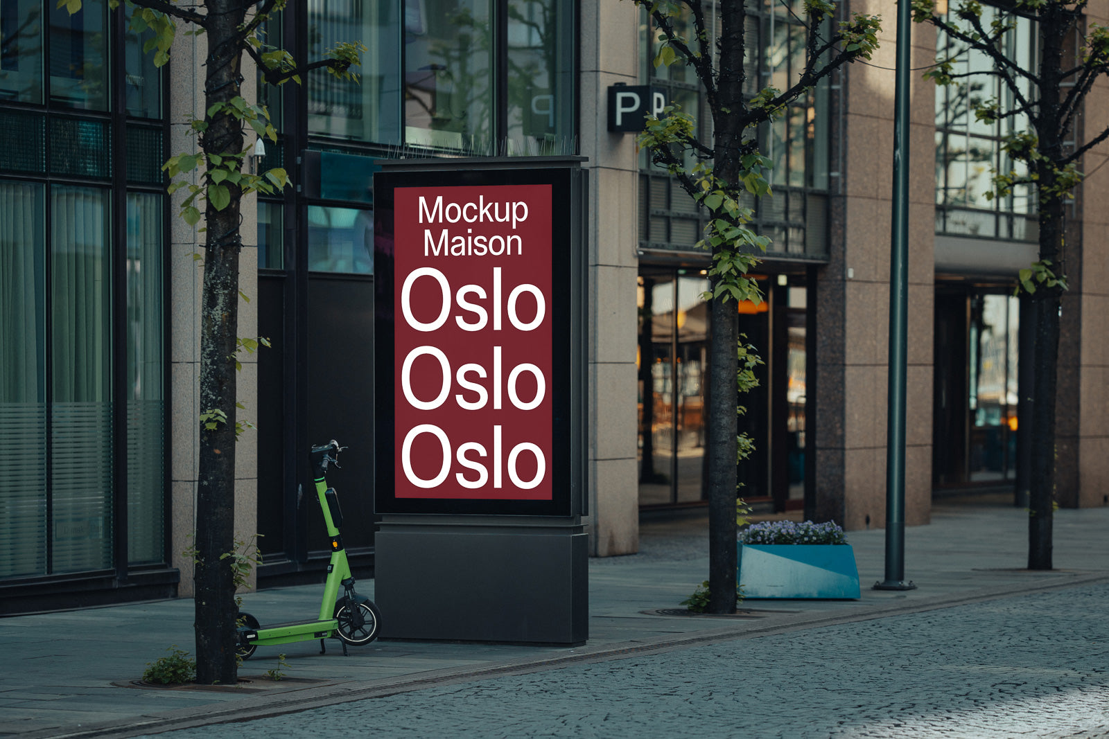PSD mockup of an urban street advertisement display featuring bold, repeated "Oslo" text on a maroon background, with a green scooter nearby.