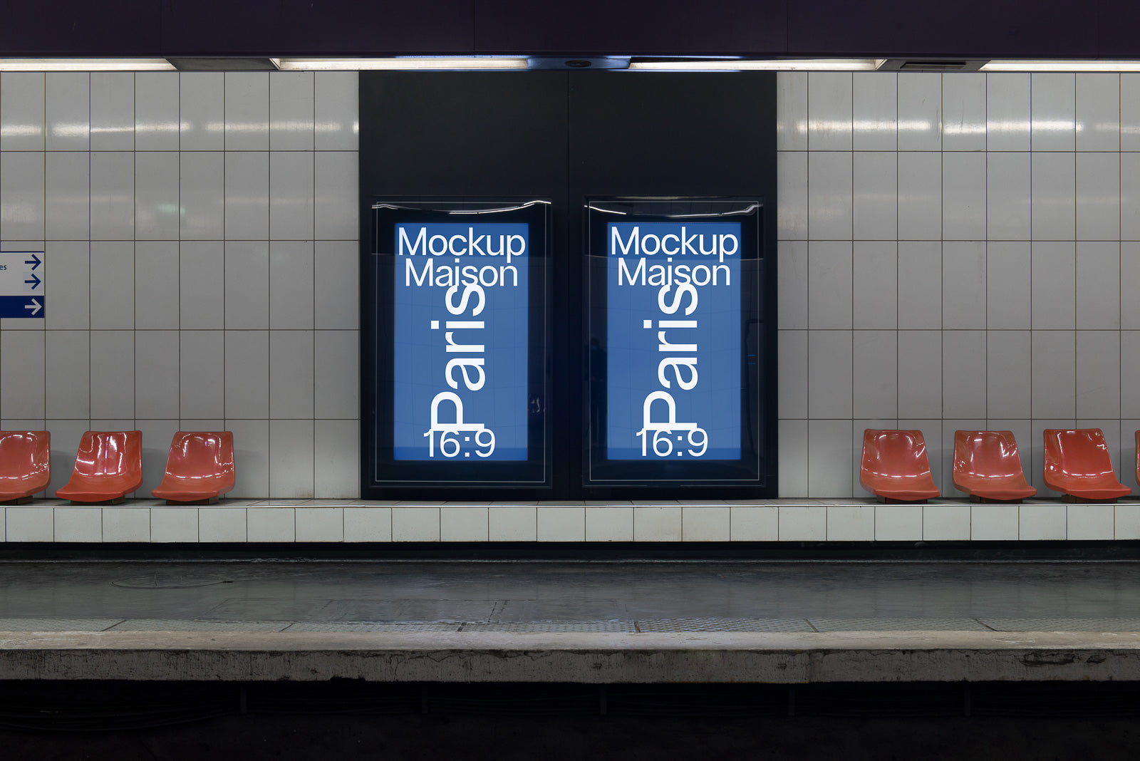 PSD mockup of a metro station wall featuring two vertical posters with blue backgrounds, surrounded by empty red seats on the platform.