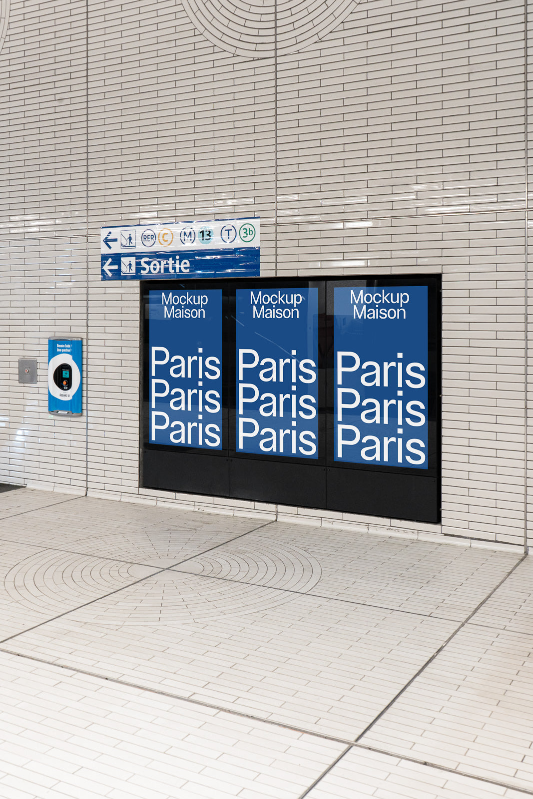 PSD mockup of a subway platform featuring three digital billboards displaying posters with the text "Mockup Maison" and "Paris" in white on blue.