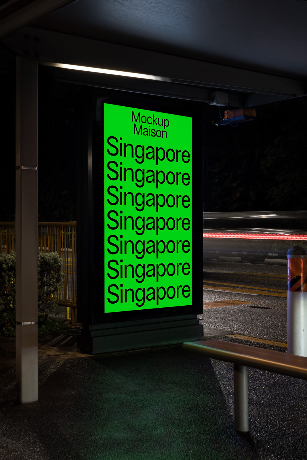 PSD mockup of an illuminated bus stop advertisement with the word "Singapore" repeated multiple times in bold black text on a bright green background.