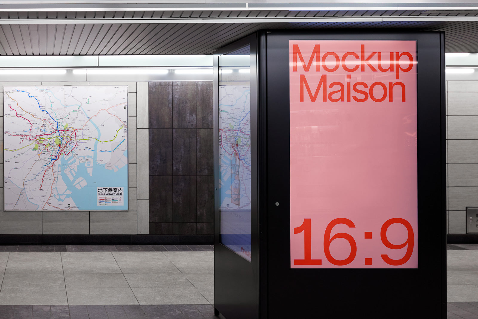 PSD mockup of a large vertical display advertising space in a subway setting with a map on the adjacent wall, featuring bold text in red.