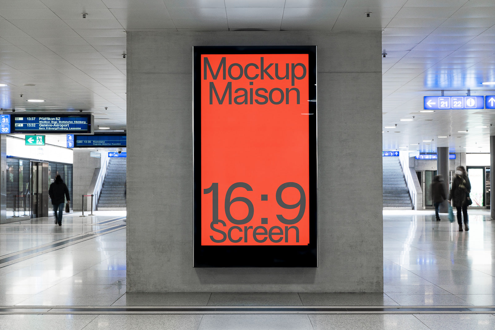 PSD mockup of a large digital screen displaying "Mockup Maison 16:9 Screen" in a modern indoor setting with people in the background.