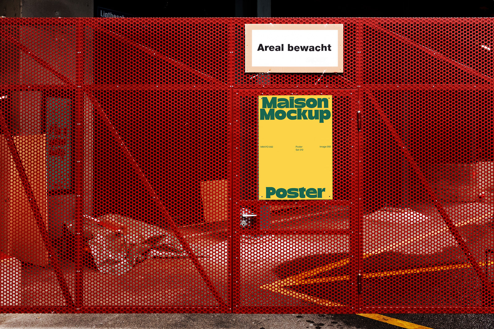 PSD mockup of a yellow poster on a red perforated metal gate with a locked handle, featuring bold green text reading "Maison Mockup Poster."