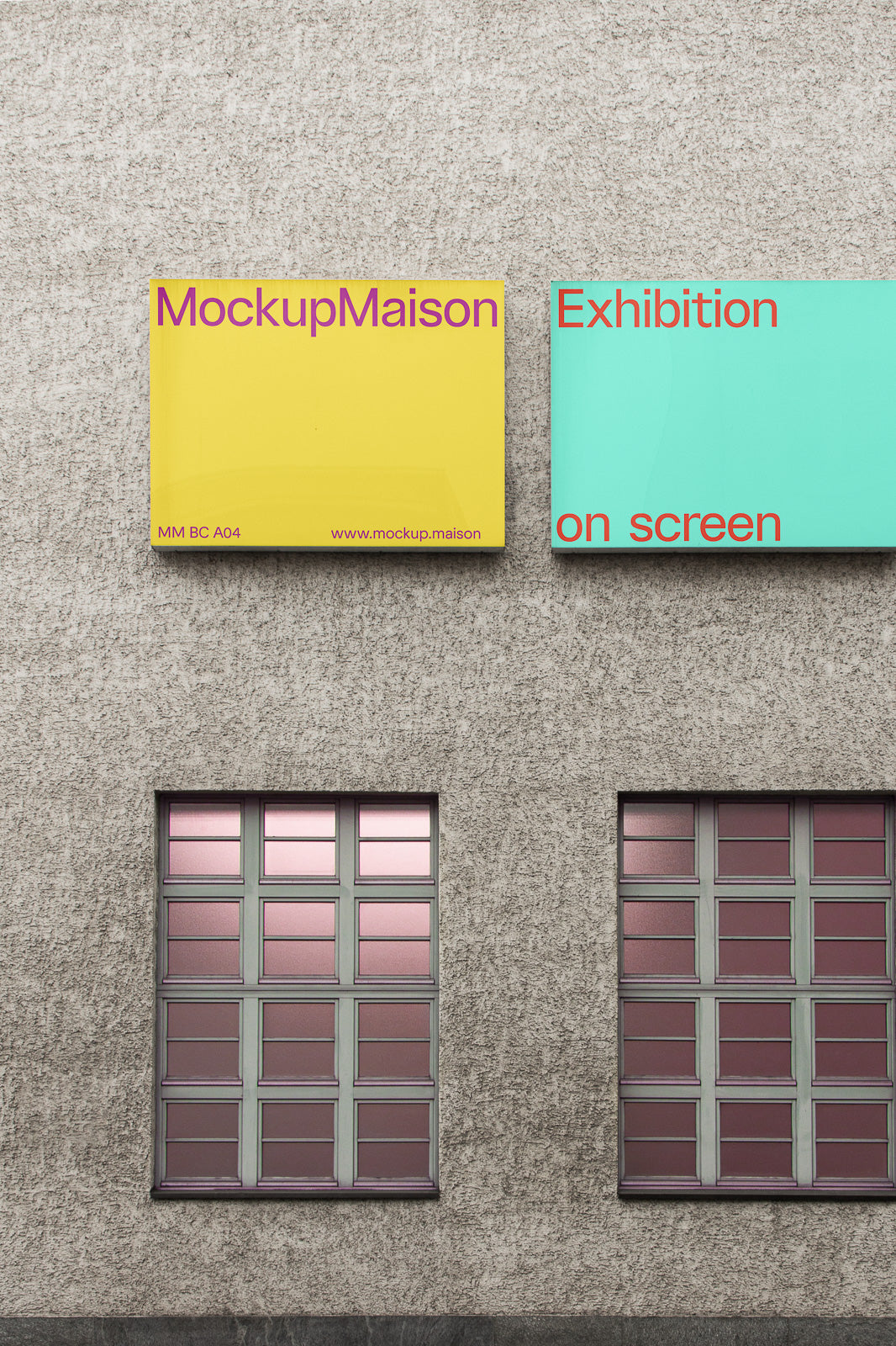 PSD mockup of two colorful exhibition panels on a textured wall, with pink-framed windows below.