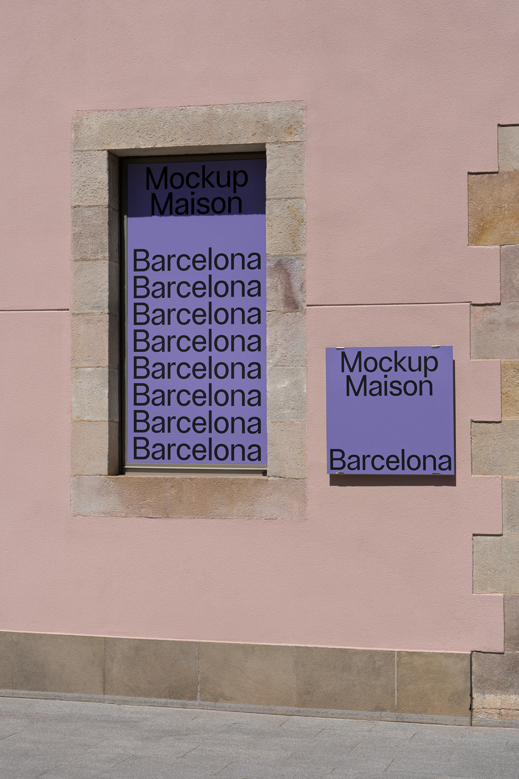 PSD mockup of a pink wall featuring a large window display and a square sign with multiple bold text readings of "Barcelona" and "Mockup Maison" in black on a purple background.