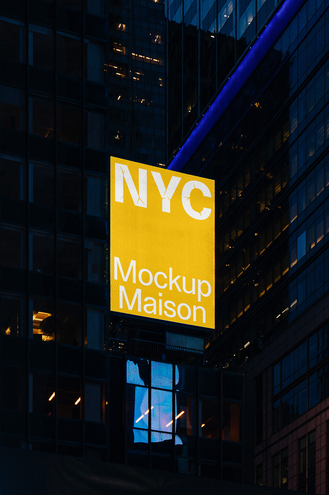 PSD mockup of a large yellow billboard displaying “NYC Mockup Maison” against a backdrop of city skyscrapers at night.