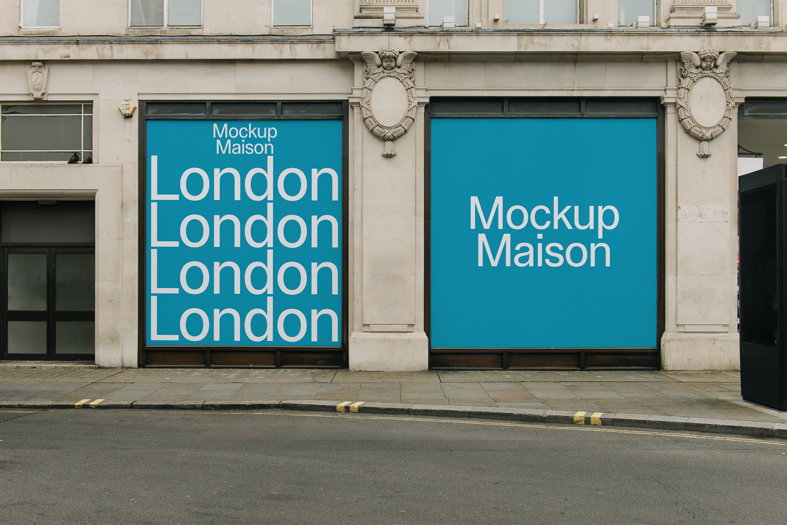 PSD mockup of a building facade featuring two large blue posters, one displaying repeated text "London" and the other "Mockup Maison."
