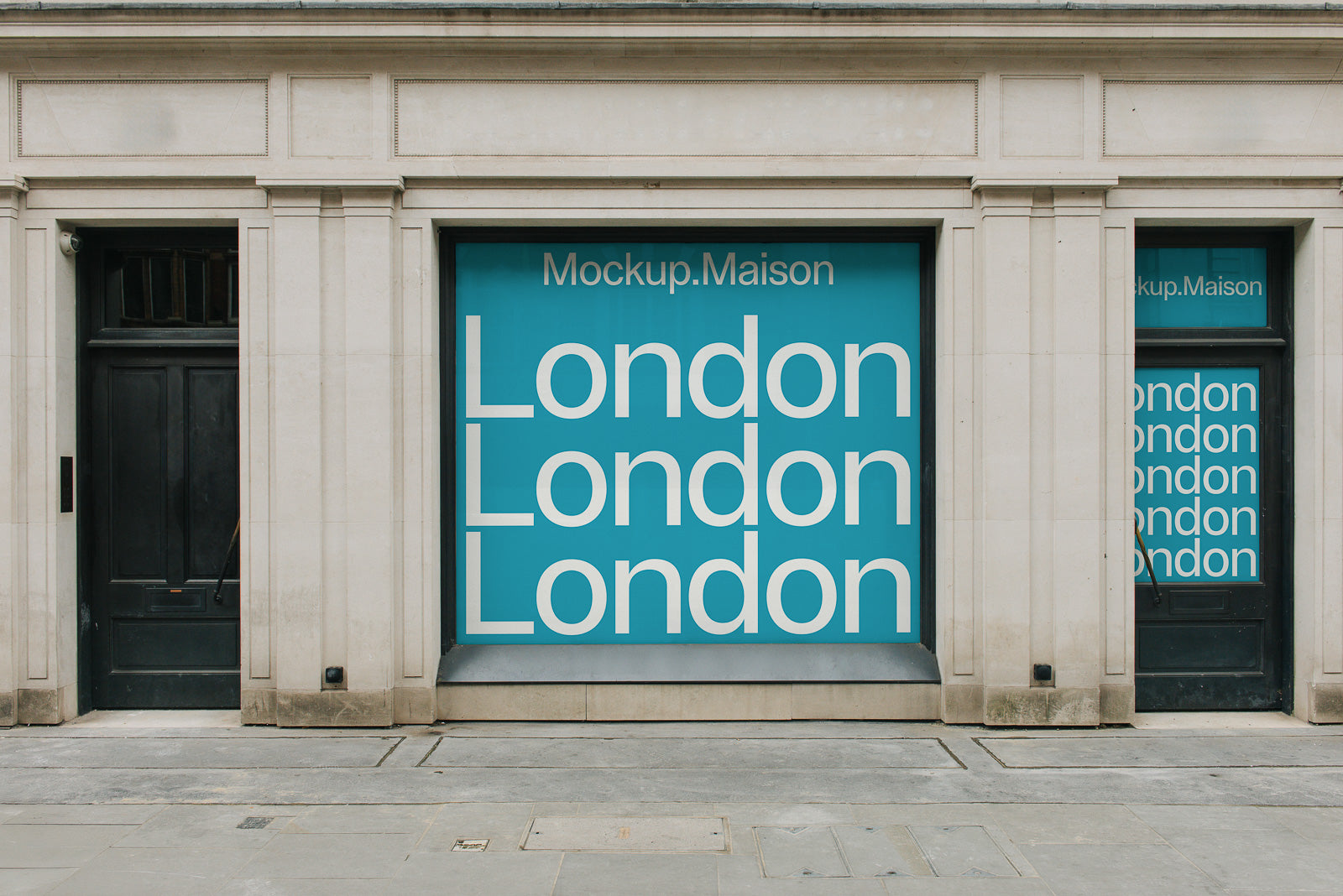 PSD mockup of a large storefront window display with repeating "London" text on a vibrant blue background, framed by a stone facade.
