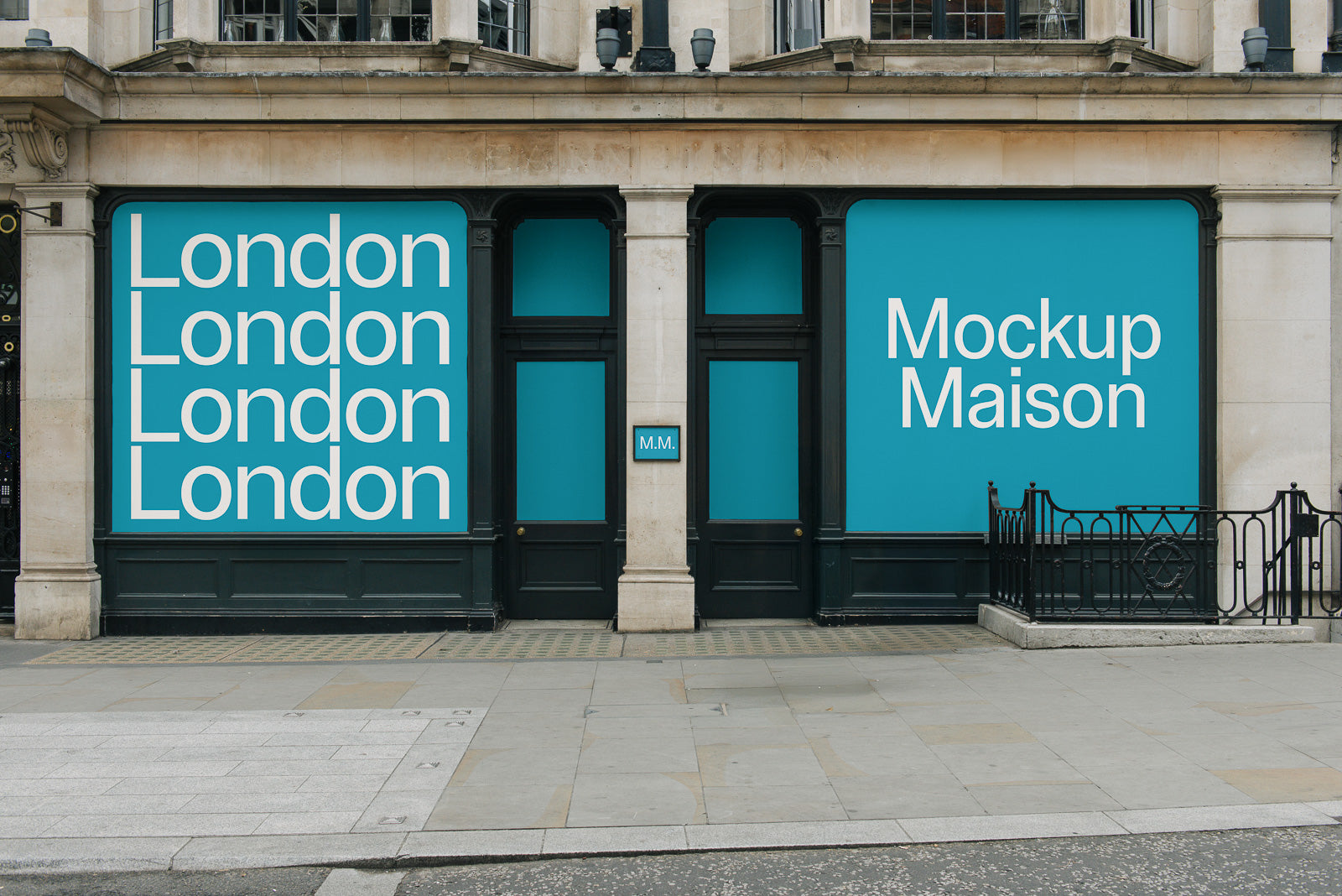 PSD mockup of a storefront featuring large blue window displays. The left side repeats "London" with bold text, and the right side reads "Mockup Maison."