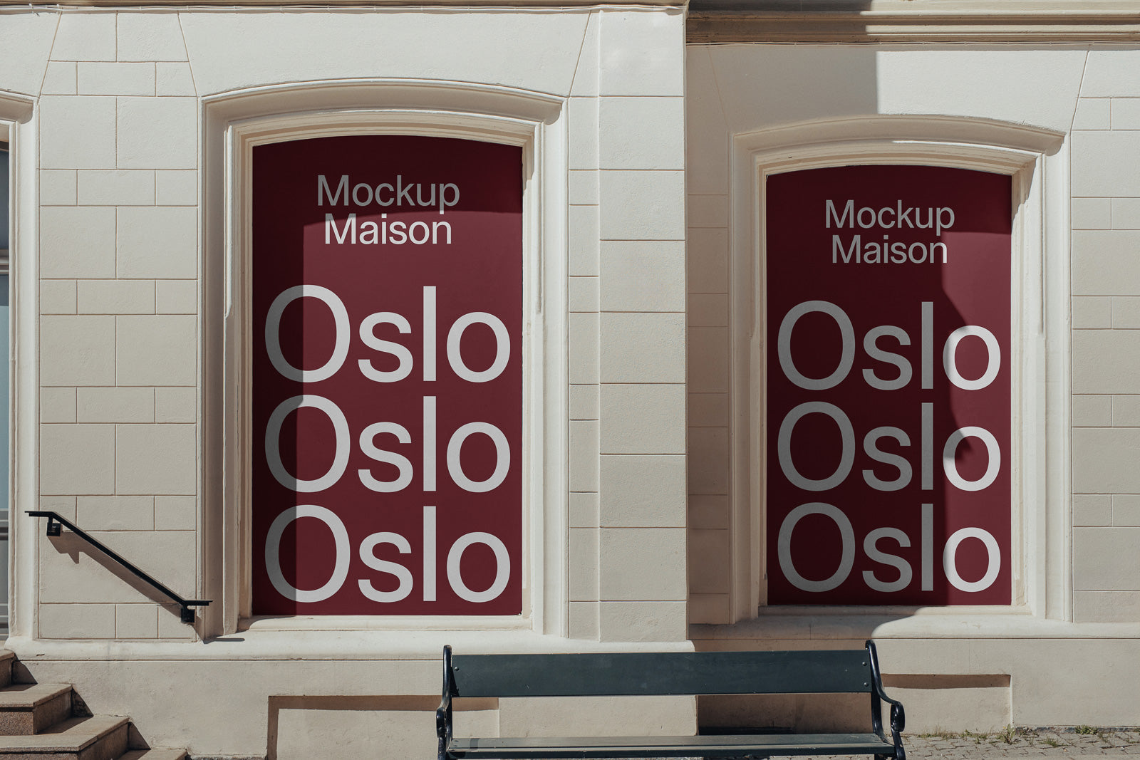 PSD mockup of large red window displays with "Mockup Maison" and "Oslo" text repeated, framed by light-colored building facade.