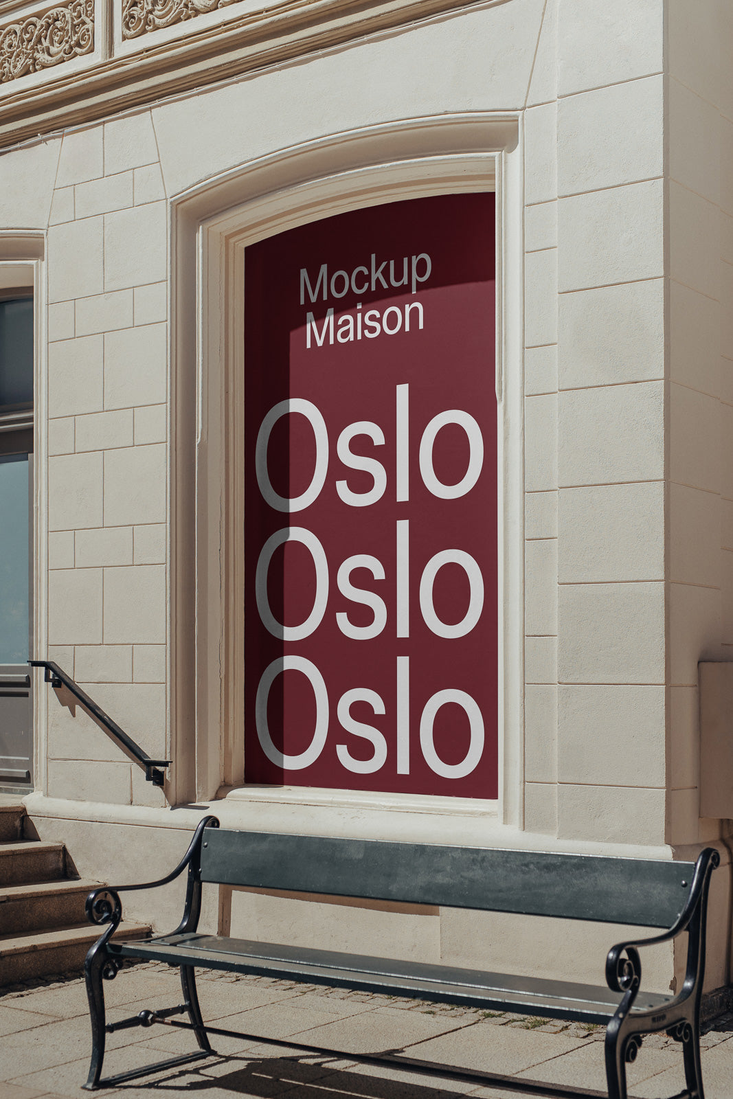 PSD mockup of a building facade featuring large text on a red background, with the word "Oslo" repeated, framed by ornate architectural details.