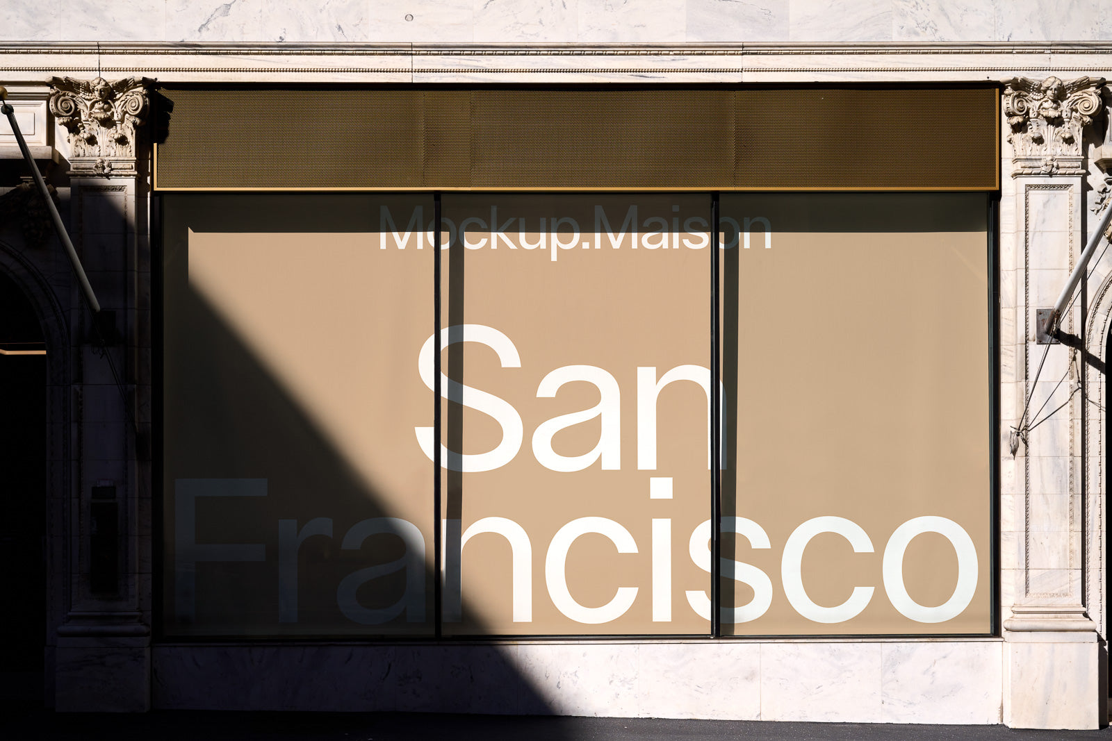 PSD mockup of a storefront window displaying "San Francisco" in large white letters on a beige background.