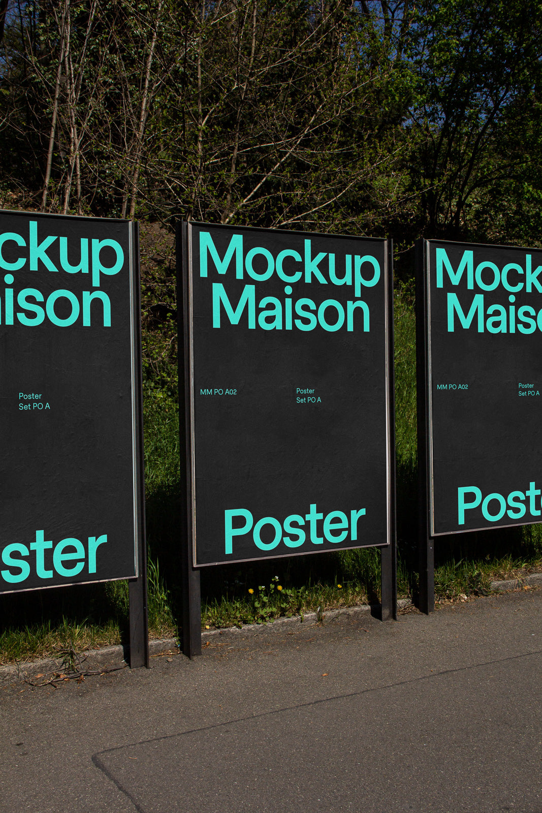 PSD mockup of three outdoor advertising posters displaying "Mockup Maison" against a natural backdrop of trees and greenery.