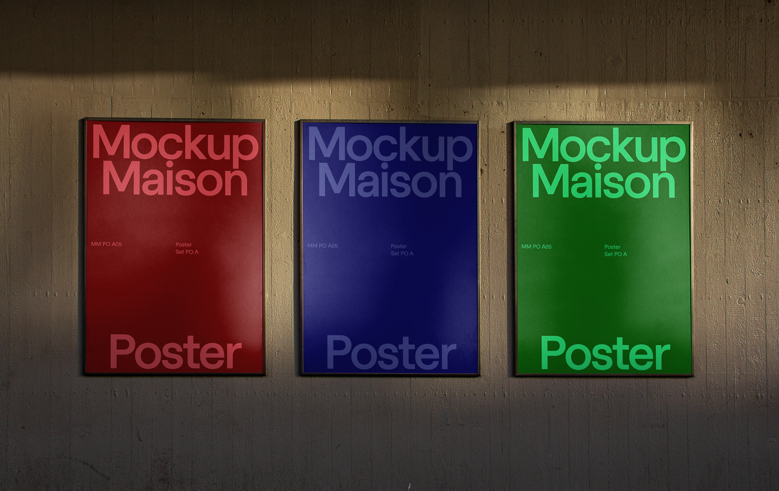 PSD mockup of three framed posters on a wall, featuring red, blue, and green backgrounds, each labeled "Mockup Maison" with subtle lighting effects.