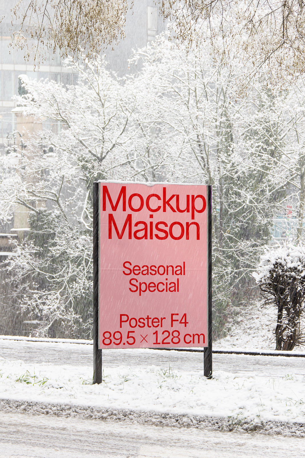PSD mockup of a street poster display in a snowy landscape with trees in the background. The sign reads "Mockup Maison Seasonal Special Poster F4 89.5 x 128 cm."