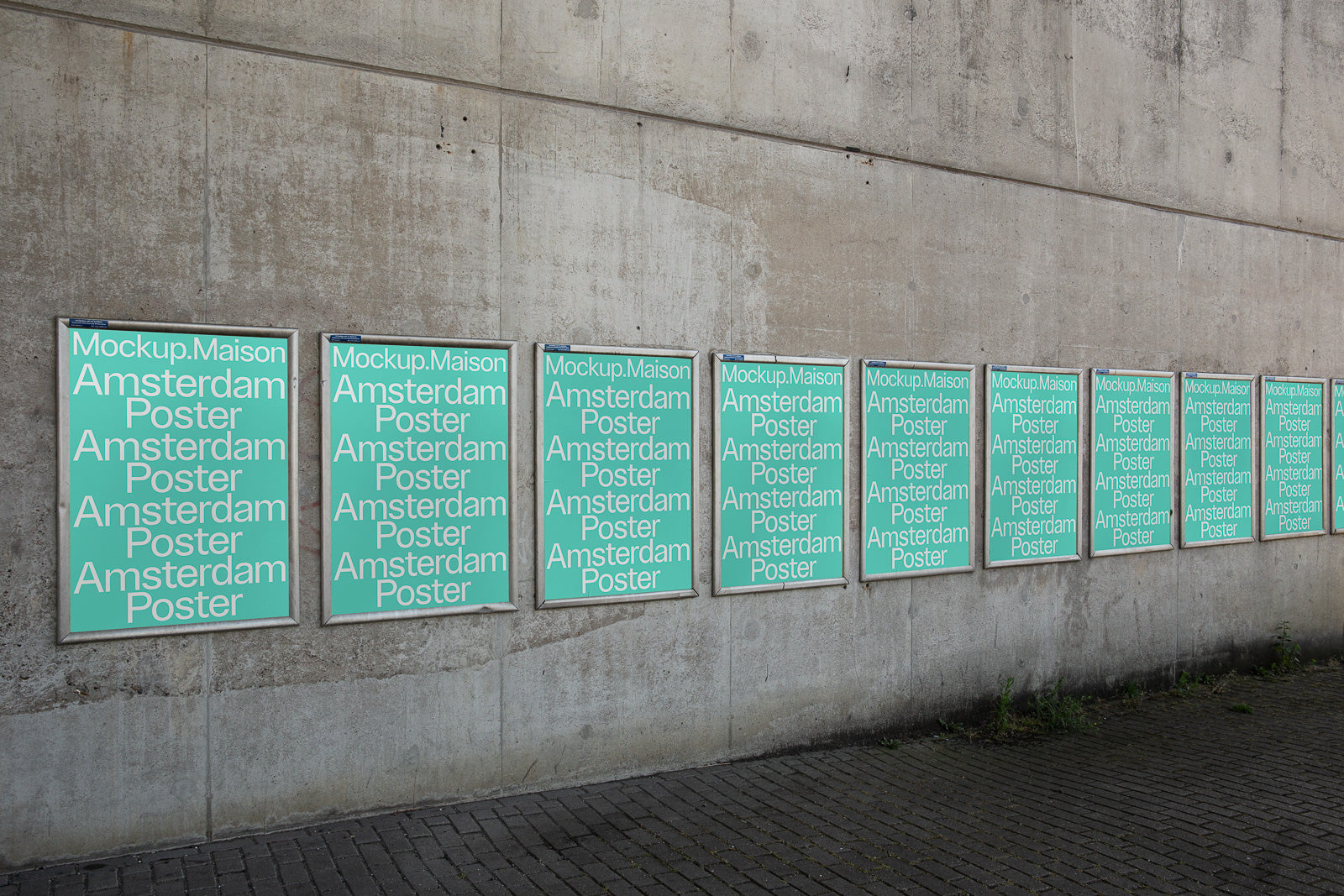 PSD mockup of a series of posters displayed in a row on an outdoor concrete wall, with text "Mockup Maison Amsterdam Poster" repeated on each design.