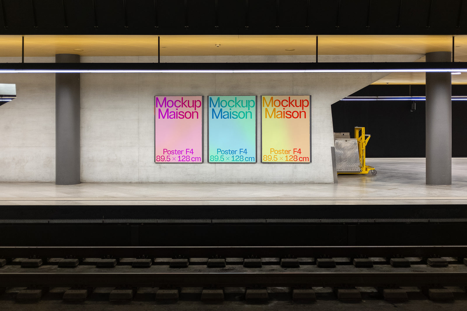 PSD mockup of three colorful posters on a subway platform wall, each labeled "Mockup Maison" and "Poster F4 89.5 x 128 cm."