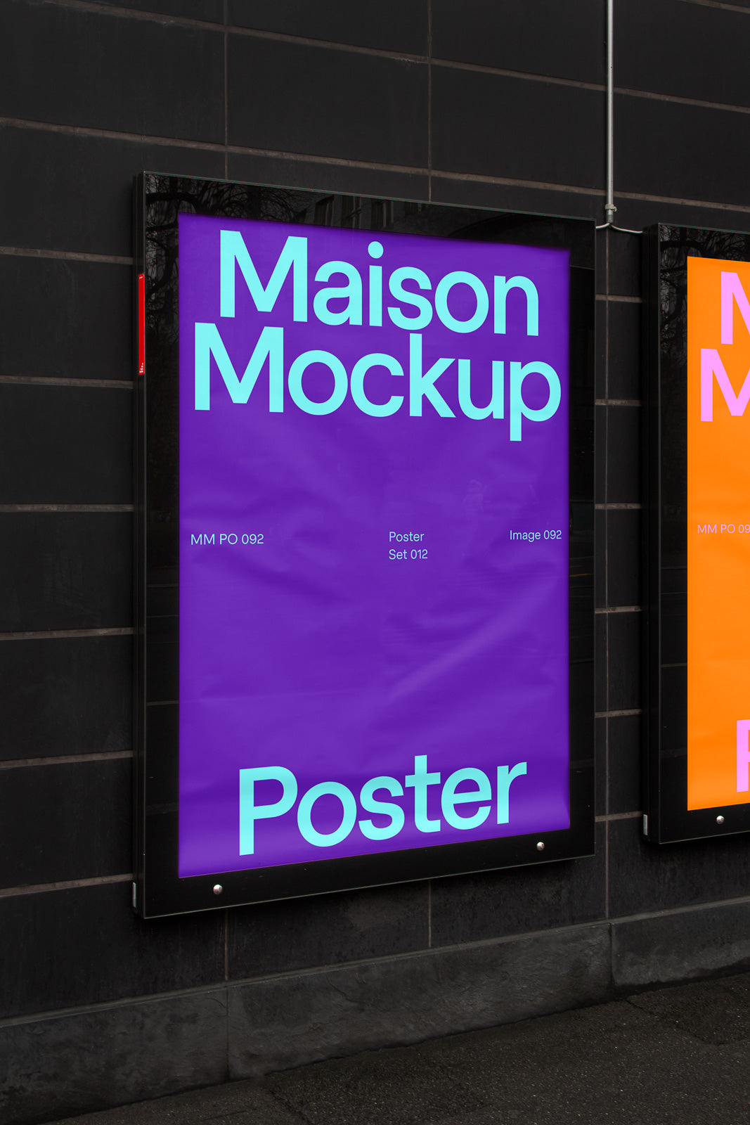 PSD mockup of a large outdoor poster display featuring vibrant purple and blue text with a modern design, set against a dark wall background.