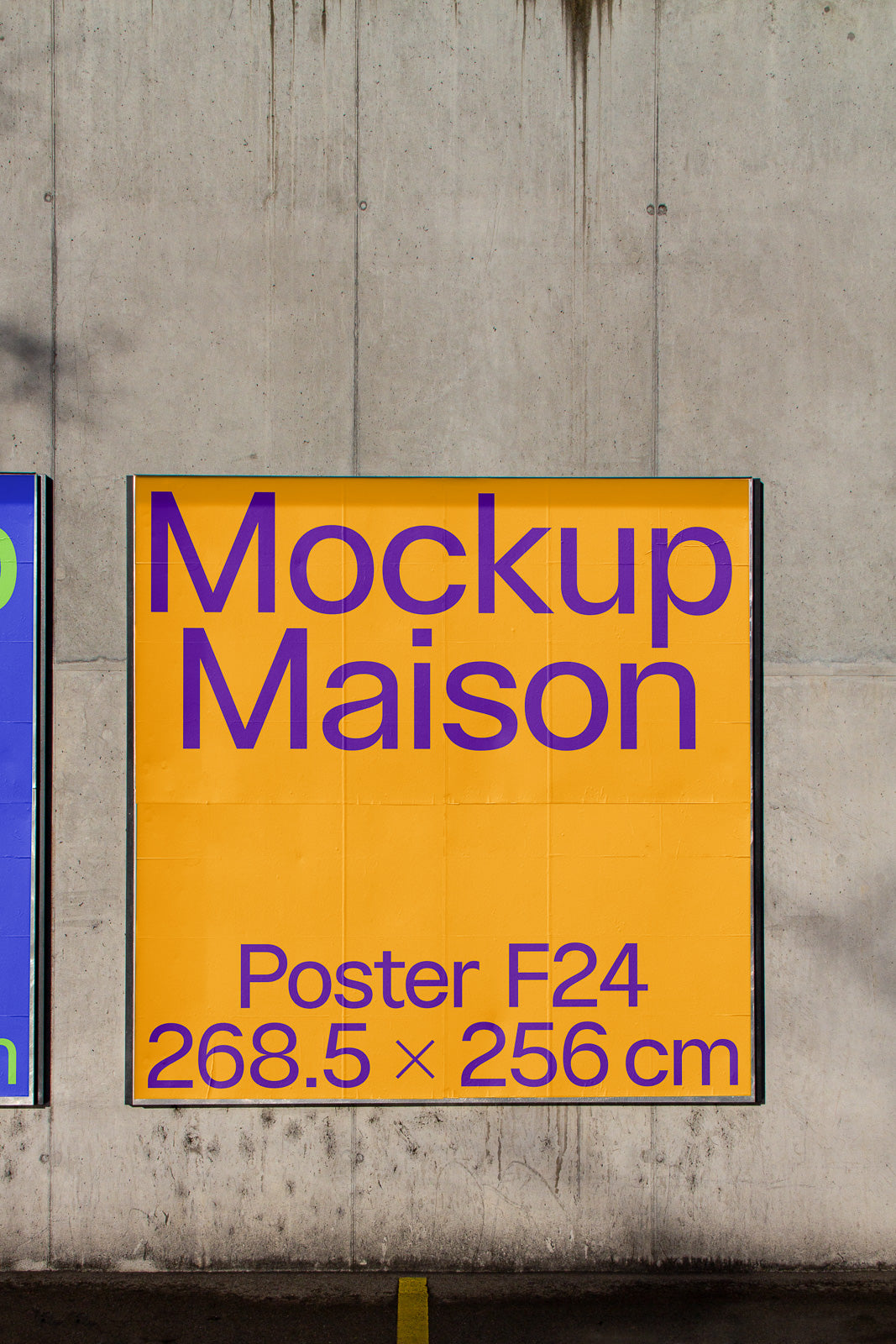 PSD mockup of a large poster on a concrete wall, featuring the text "Mockup Maison" in purple on a mustard yellow background, with dimensions 268.5 × 256 cm.