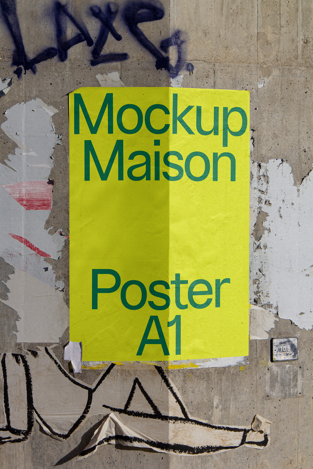PSD mockup of a vibrant yellow A1 poster on a textured urban wall, showcasing bold green text “Mockup Maison Poster A1” with surrounding graffiti.