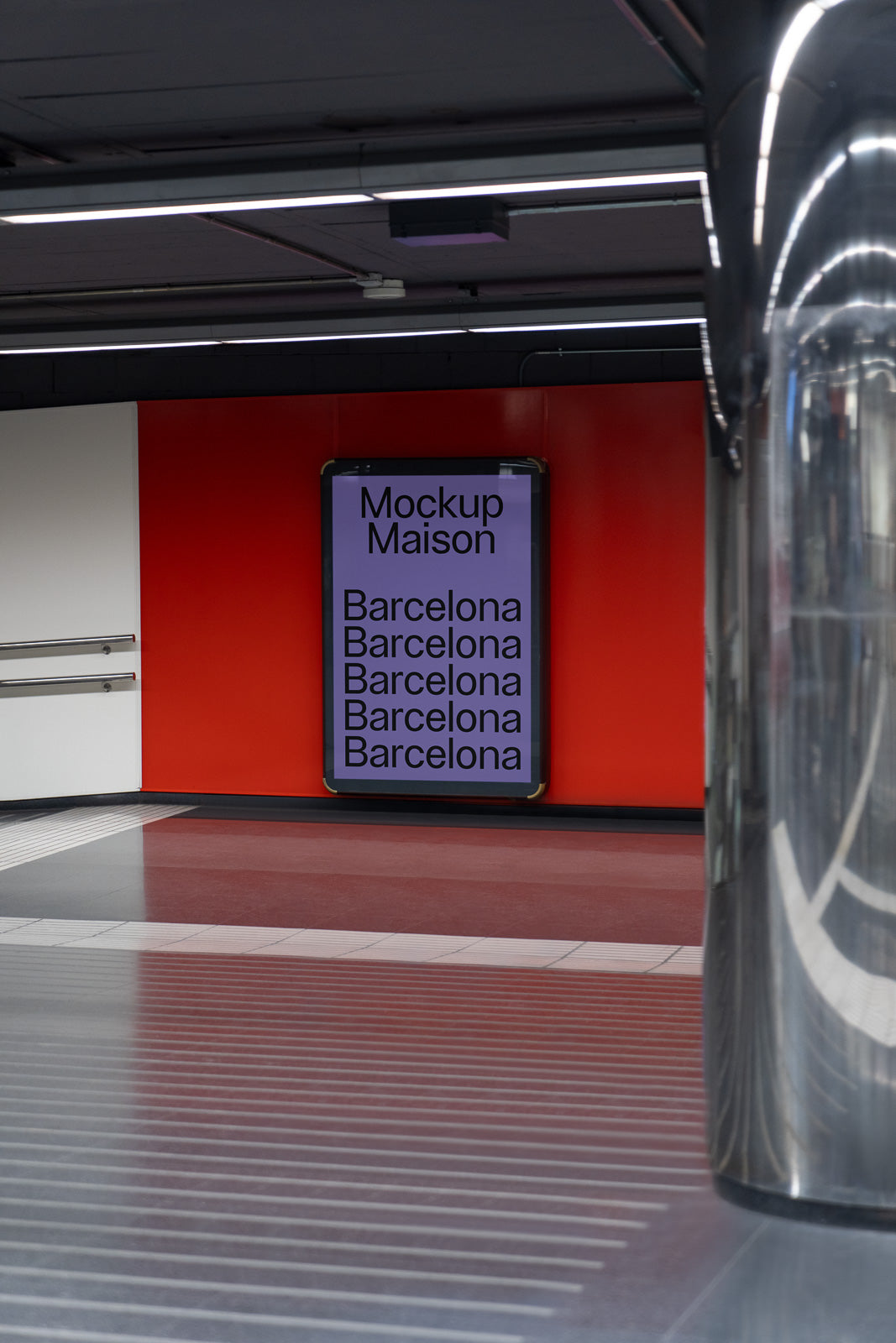 PSD mockup of an illuminated signage display on an underground station platform with a red wall background and repeated text featuring "Barcelona".