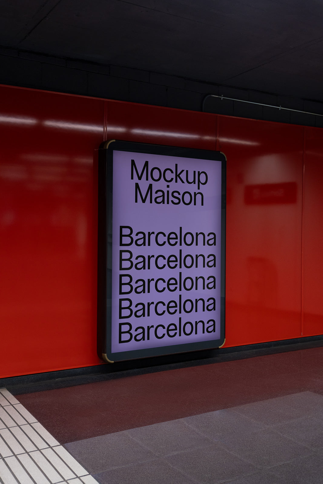 PSD mockup of a lighted advertising display board in a subway station, featuring repeated text "Barcelona" and "Mockup Maison" against a red wall backdrop.