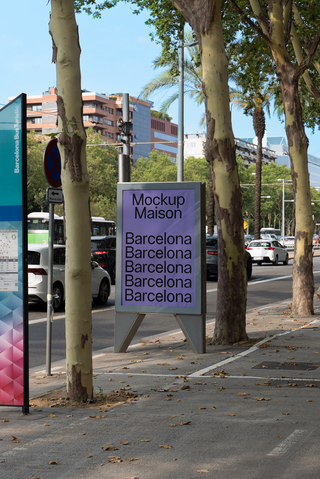 PSD mockup of a sidewalk advertising board on a city street with cars, trees, and buildings in the background.