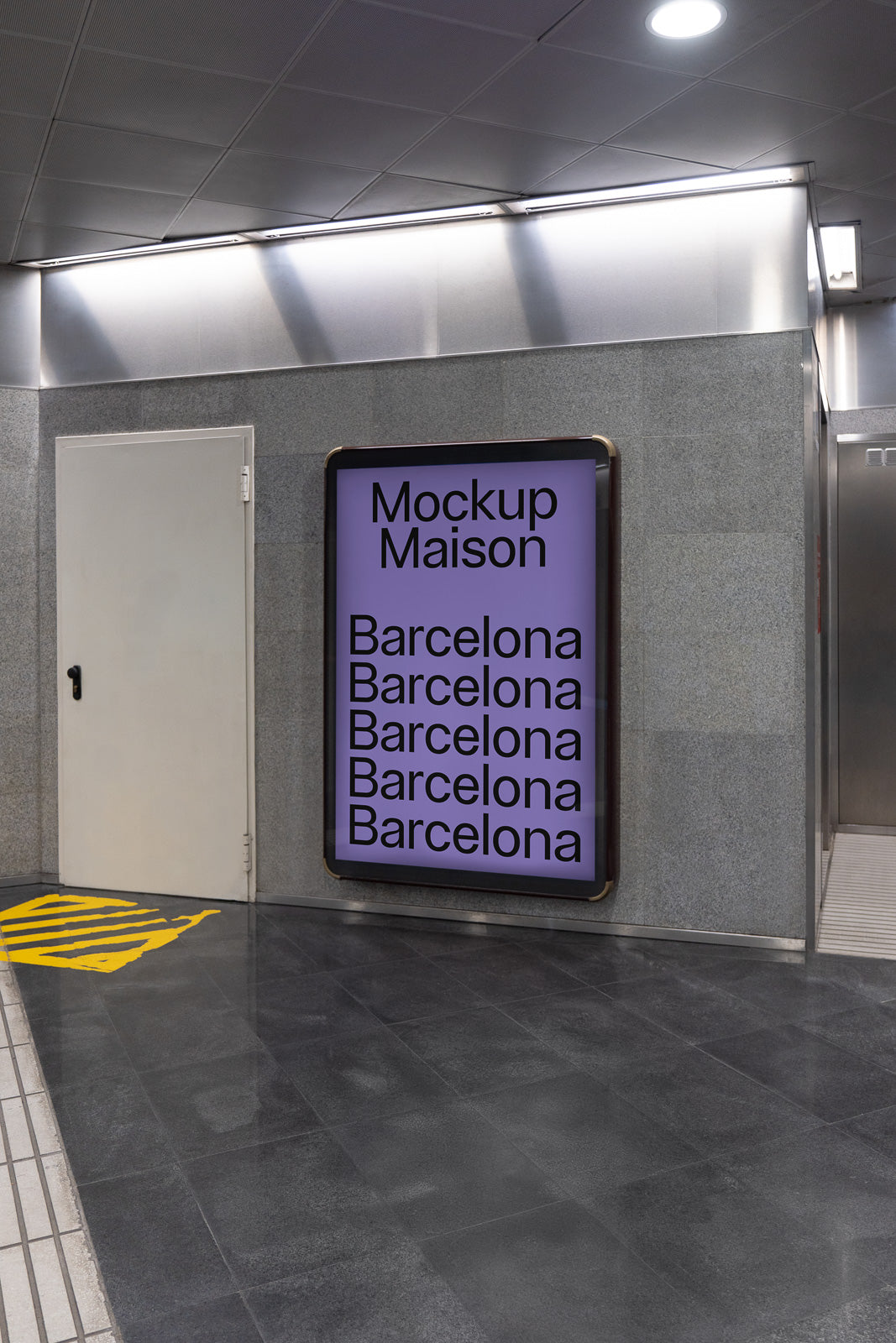 PSD mockup of an indoor poster display with "Mockup Maison" and repeated "Barcelona" text against a light purple background in a tiled hallway setting.